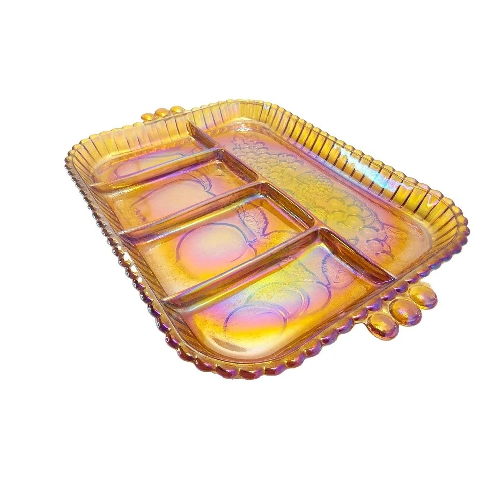 Vintage Indiana Glass Amber Divided Relish Tray Charcuterie Serving Dish MCM